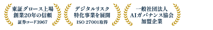 東証グロース上場 創業20年の信頼 証券コード3967／デジタルリスク特化事業を展開 ISO 27001取得／一般社団法人AIガバナンス協会加盟企業