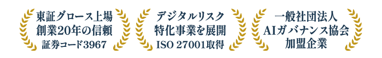 東証グロース上場 創業20年の信頼 証券コード3967／デジタルリスク特化事業を展開 ISO 27001取得／一般社団法人AIガバナンス協会加盟企業